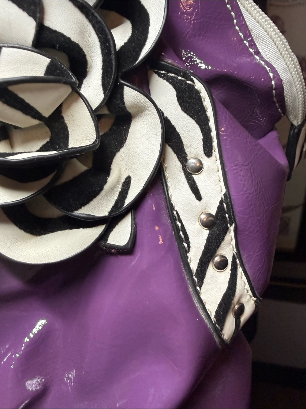 JY Fashion Y2K Purple Glossy Zebra Print Rosette Flower Purse Bag - Picture 9 of 16